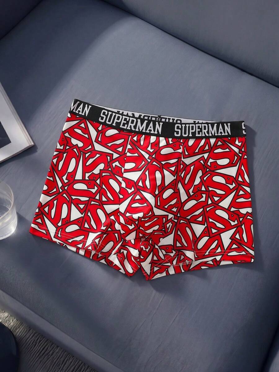 SUPERMAN X SHEIN 男士時尚印花四角內褲 - 紅白色 - 查看 1