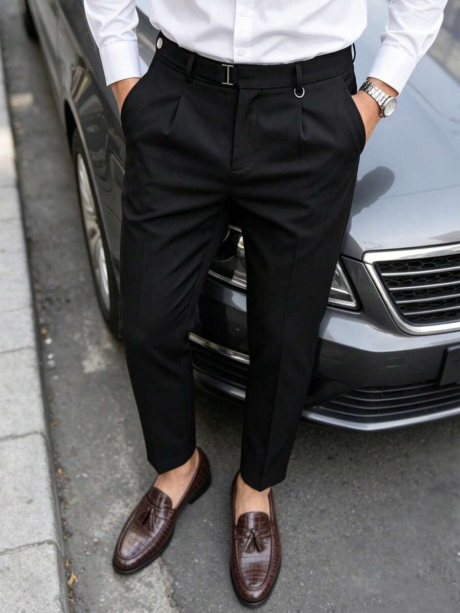 Manfinity Mode 男士素色百褶百搭商務通勤西裝長褲,黑色西裝褲正裝褲,儀式適用 - 黑色 - 查看 1