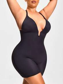 SHAPORA Body talla grande de un solo elemento con escote en V elástico y espalda cruzada, de unicolor para verano - Negro - Ver 3