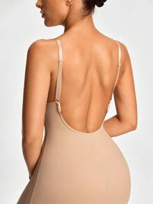 SHAPORA Đầm ôm body đơn giản màu trơn dây mảnh chéo lưng cho nữ - Màu Khaki - Xem 6
