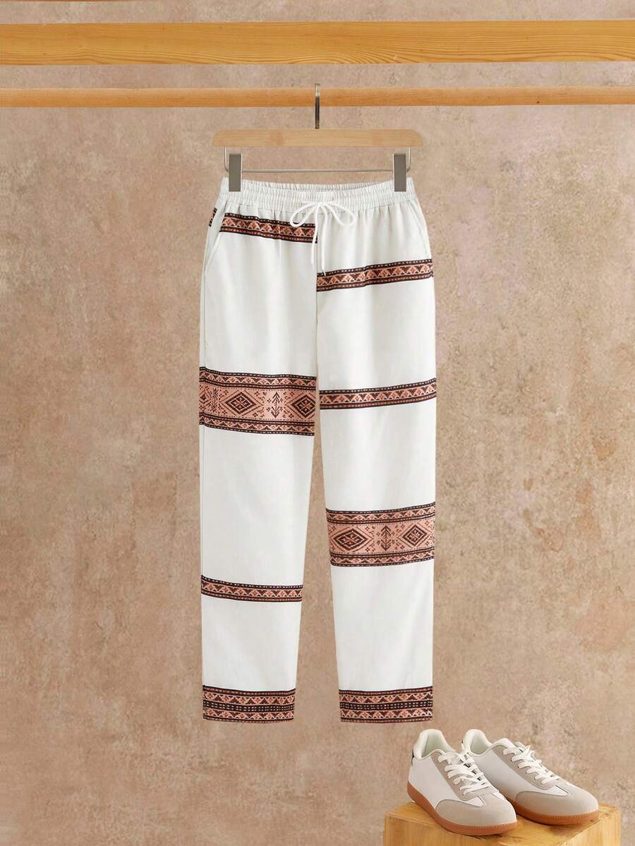 HIMLAND Men's Cream Wide-Leg Pants With Colorful Geometric Woven Stripe Bands. Elastic Drawstring Waist In Lightweight Linen-Blend. Relaxed Resort Style For B - Khaki - View 1