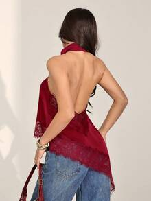 SHEIN PETITE 女款蕾絲飾邊掛脖休閒百搭日常外出上衣 - 紅色 - 查看 2