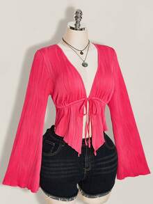 SHEIN ICON Women's Plus Size Textured Black Front Lace-Up Top Fall - Hot Pink - View 6