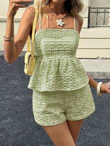 Siren Gaze Women's Jacquard Pleated Camisole Top And Shorts Casual Daily 2 Pieces Set - Mint Green - View 5