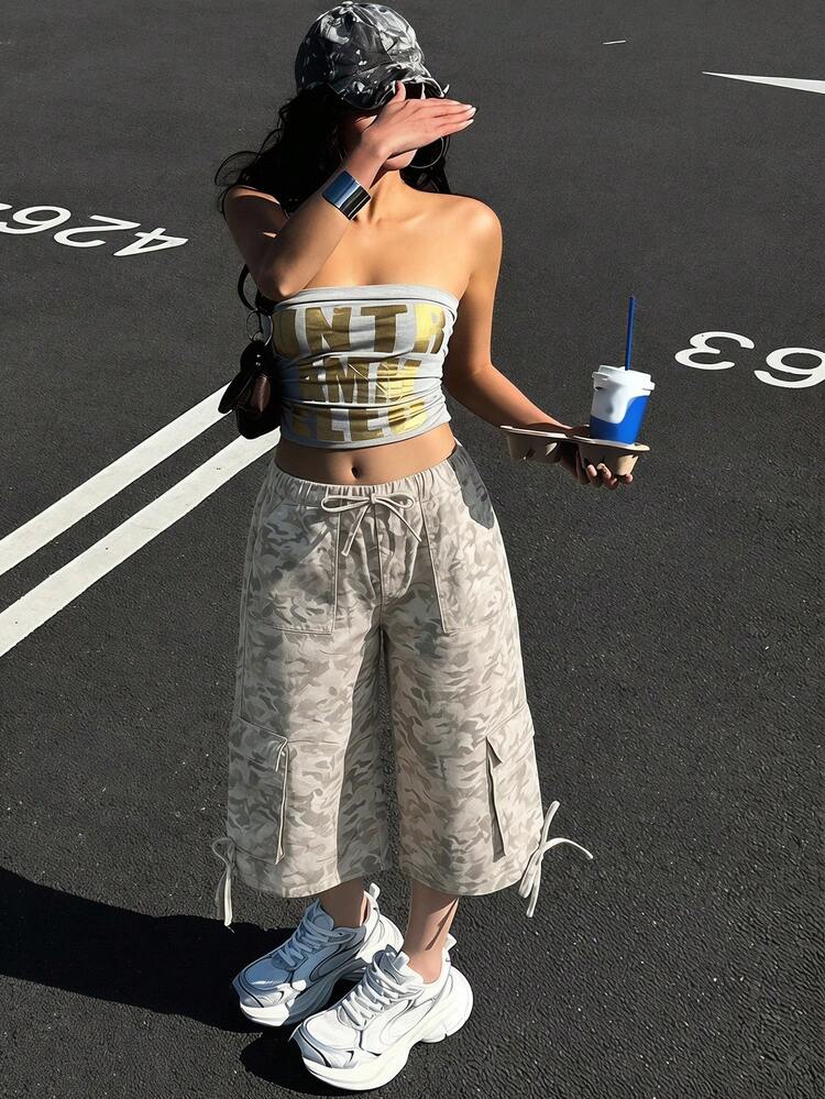 DAZY 女款印花綁帶大口袋短版牛仔短褲 - 米色 - 查看 5