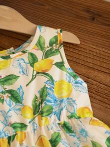 SHEIN Baby Girl Summer Island Vacation Fresh Resort Style Lemon Print Sleeveless Dress, High Waist A-Line Sleeveless Skirt, Natural Waist Pleats, Flared Hem - Yellow - View 5