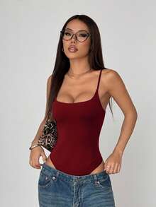 FavEase 女款春夏歐美風性感時尚極簡修身低領素色休閒百搭連身衣 - 酒紅色 - 查看 4