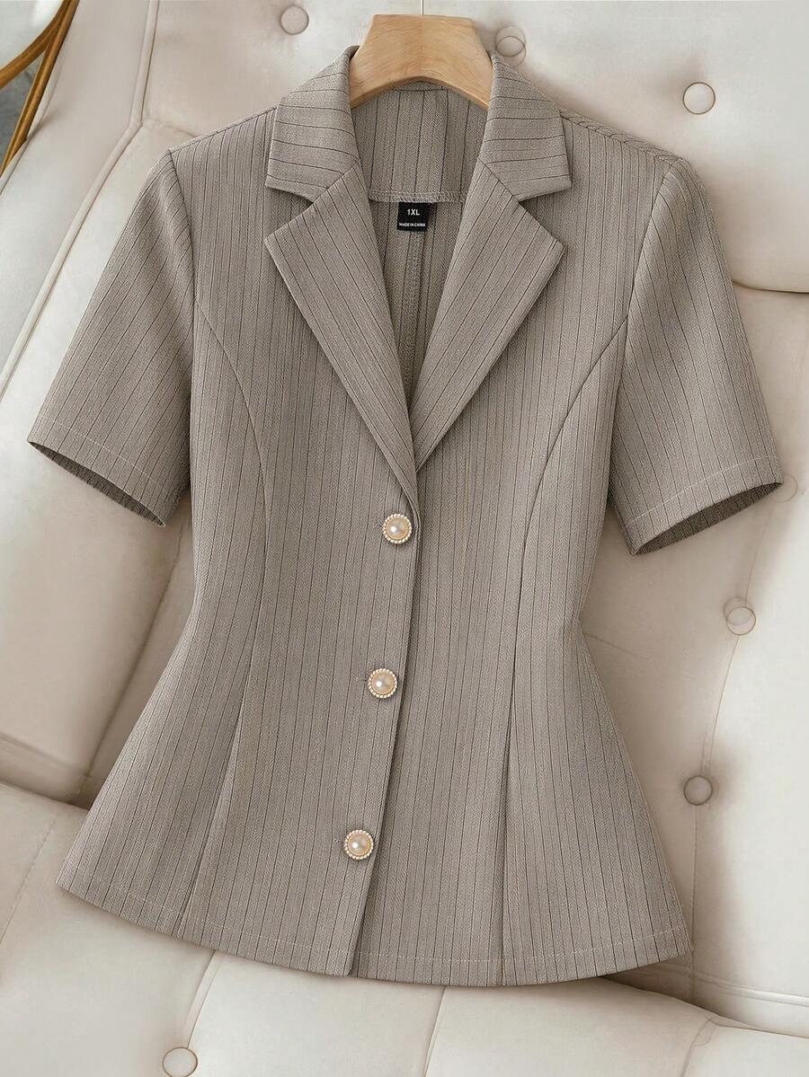 GlowEve CURVE Plus Size Summer Casual Elegant Normal Beige Short Sleeve Blazer Teachers' Day Formal - Apricot - View 1