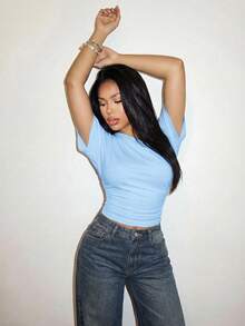 Slaydiva Summer Vacation Beachfront Party Date Birthday Night Out Elegant Casual Off-Shoulder Loose Fit Waist Pleated Light Blue T-Shirt Top-A,Summer Top - Baby Blue - View 6