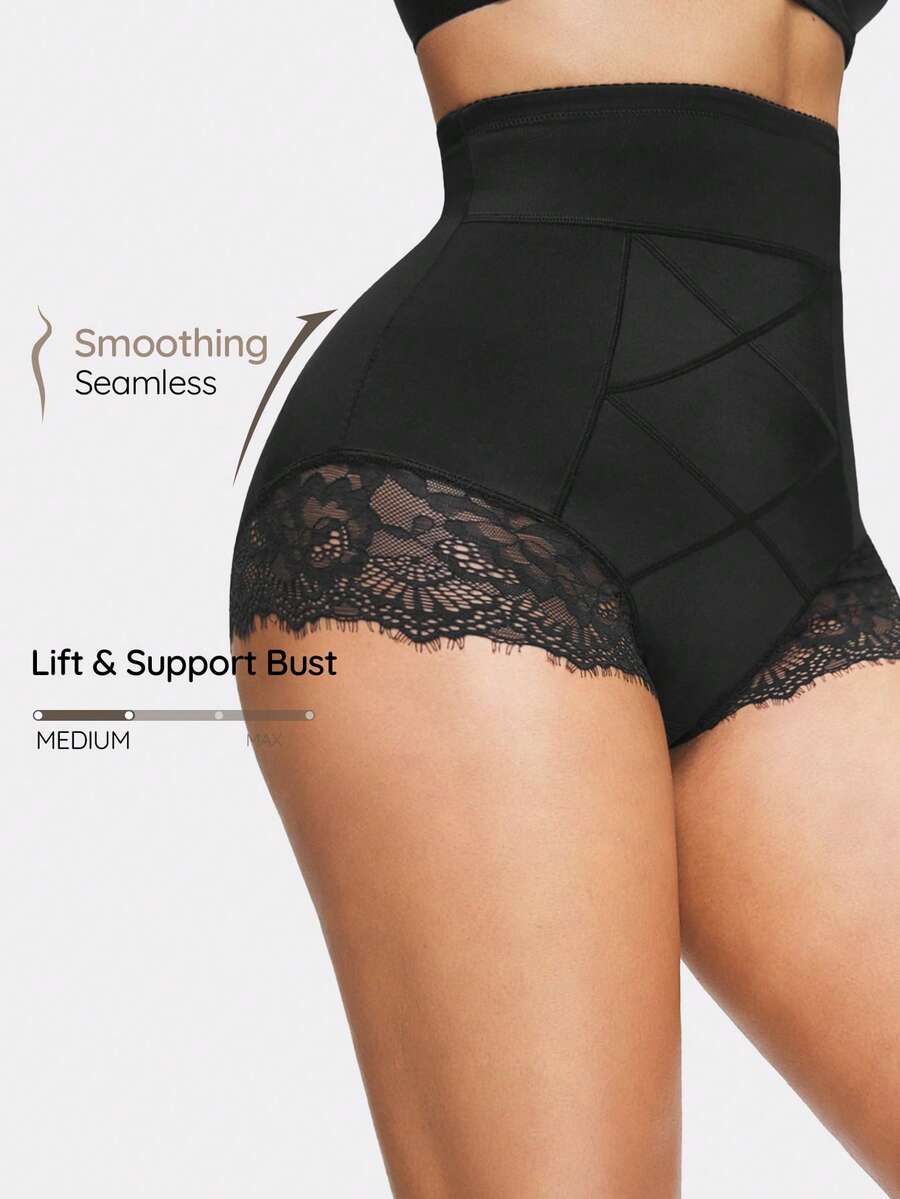 SHAPORA 1件装女士高腰蕾丝拼接塑身内裤 - 黑色 - 查看 1