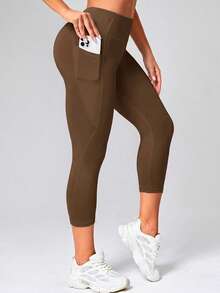 Powerista Women's Solid Color High Waist Daily Fitness Capris Sports Leggings - Brown - View 9