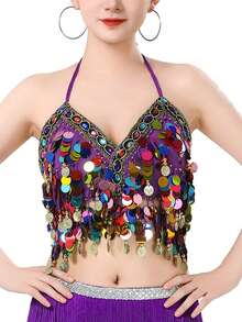 1PC Colorful Sequin Wrapped Belly Dance Costume, A Hanging Coin Stage Performance Dance Costume With Sequin Tassel Top - Multicolor - View 10