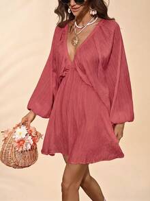 Travachic Solid Color Woven Loose V-Neck Long Sleeve Mini Dress For Women, Suitable For Spring/Summer Vacation - Dusty Purple - View 4