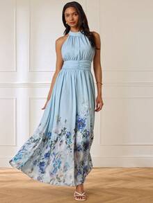 Lilora Women's Elegant Romantic Floral Print Dress High-End Fashion Versatile Suitable For Commuting Daily Casual Birthday Mother Of The Bride Wedding Garden - Blue - View 2