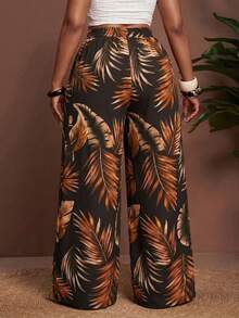 Slaydiva Plus Size Vacation Casual Boho Botanical Print Wide Leg Pants Beach Gym Brown Autumn Fall - Multicolor - View 2