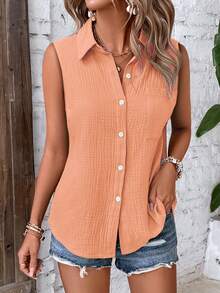 EMERY ROSE Women's Solid Color Single-Breasted Pocket Casual Sleeveless Shirt - Coral Pink - View 3