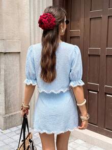 Serisse Conjunto de 2 piezas de top de cuello redondo a cuadros y minifalda casual para uso diario para mujer - Azul - Ver 2