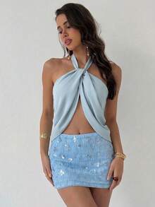 - Top sin espalda con cuello halter y minifalda con purpurina para mujer joven, ideal para festivales de música, color dorado claro - Celeste - Ver 4