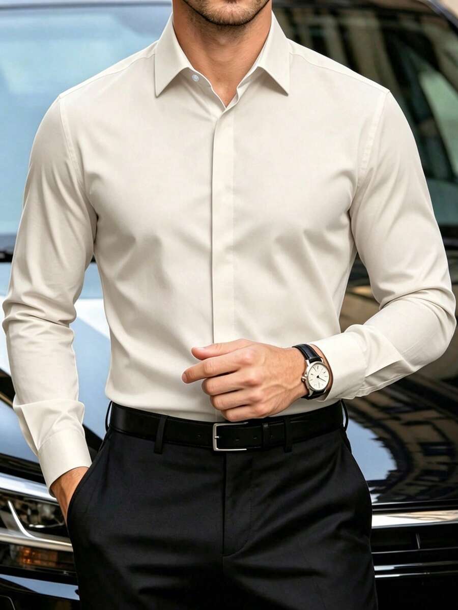 Manfinity Mode 男士长袖衬衫 | 纯色商务休闲及正式场合通用,四季皆宜,常规版型,适合办公室及休闲场合,质地顺滑 - 杏色 - 查看 1