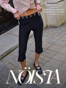 Nöista Capri Black Slim-Fit Pants With Silver Eyelets Waistband,Comfortable Stretch Casual Summer Cropped Length For City Break,Formal Event,Party Office - Black - View 9
