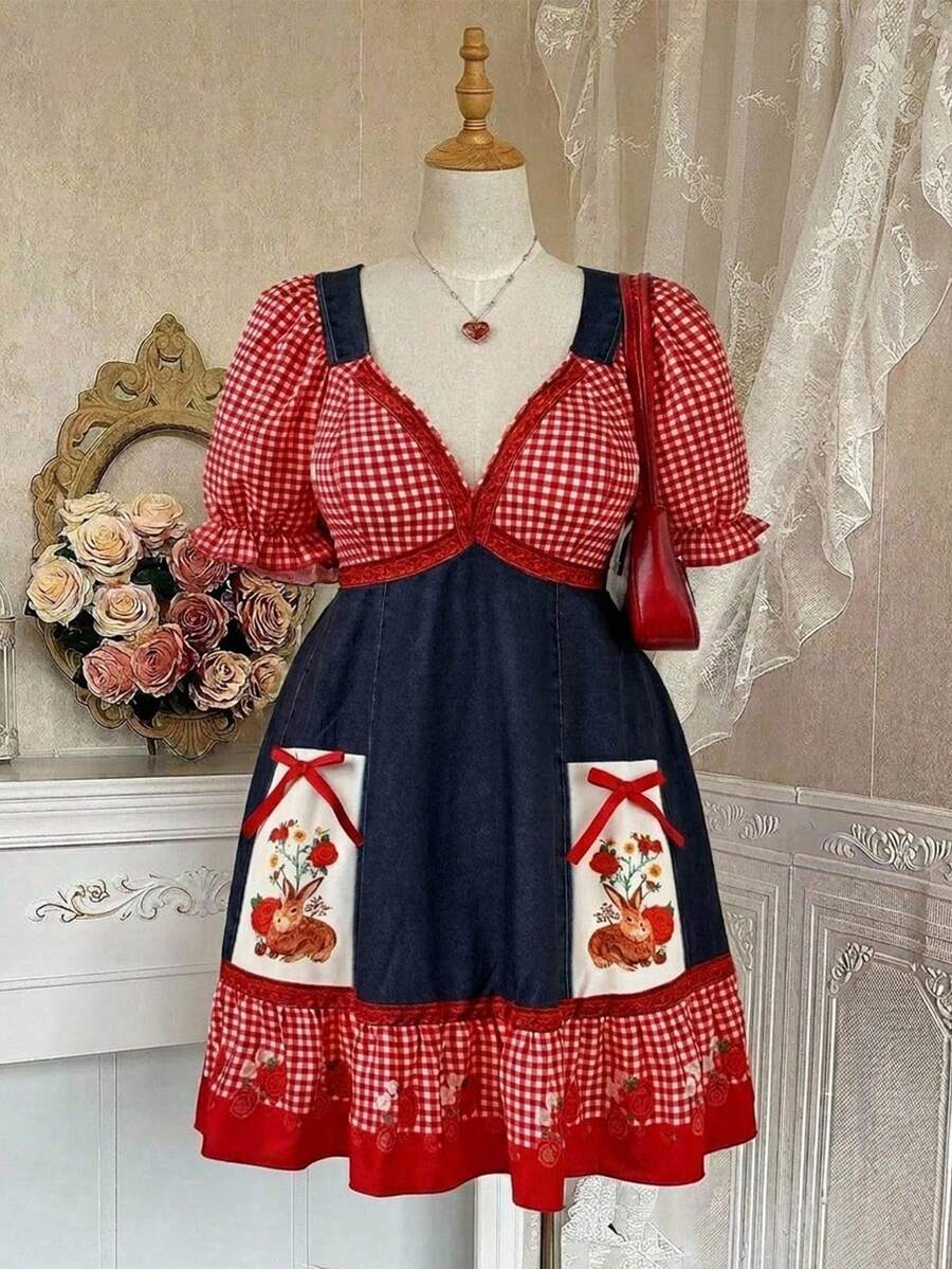 Sweetra Plus Size Summer Pastoral Patchwork Plaid Bow Decor Puff Sleeve Dress - Multicolor - View 1