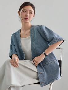 Dazy-Less 女款寬鬆休閒度假牛仔外套 夏季 - 藍色 - 查看 10