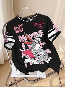LOONEY TUNES X SHEIN 女式休闲时尚街头卡通兔子与口号图案撞色条纹短袖 T 恤，夏季 - 白色 - 查看 1