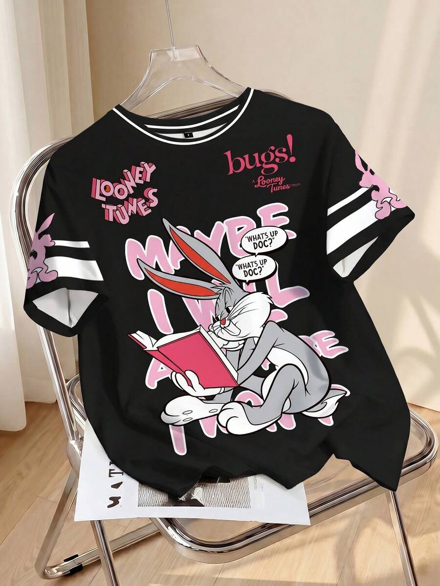 LOONEY TUNES X SHEIN 女式休闲时尚街头卡通兔子与口号图案撞色条纹短袖 T 恤,夏季 - 白色 - 查看 1