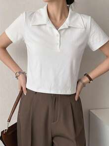 Livesso 夏季白色短版 Polo 衫 寬鬆休閒街頭辦公穿搭短袖 T-shirt - 白色 - 查看 7