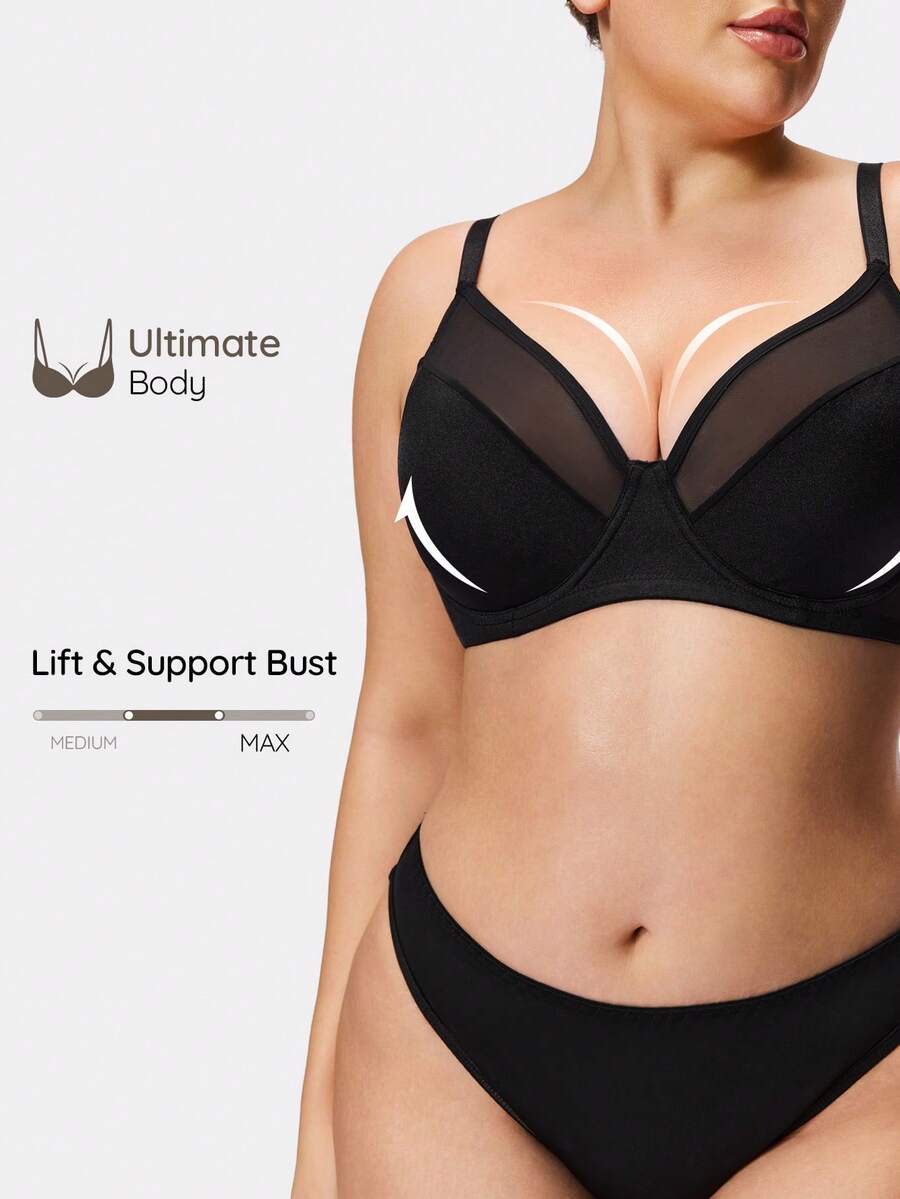 SHAPORA 1pc Plus Size Women's Underwire Bra With Lift And Side Support, Black Shiny - Black - View 1
