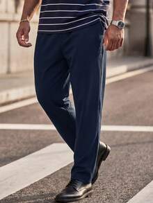COMVAIL Pantalones largos de punto de unicolor y sencillos para hombres de talla grande, para el otoño - Azul Marino - Ver 3