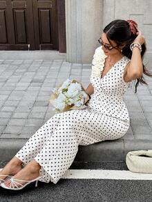 SHEIN Frenchy Women's Polka Dot Pattern Overlap V-Neck Sleeveless Elegant Jumpsuit - Multicolor - View 7