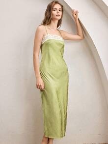Ocili Bohemian Jacquard Satin Lace Minimalist V-Neck Sleeveless Long Nightgown, Comfortable Sleepwear For Women - Green - View 5