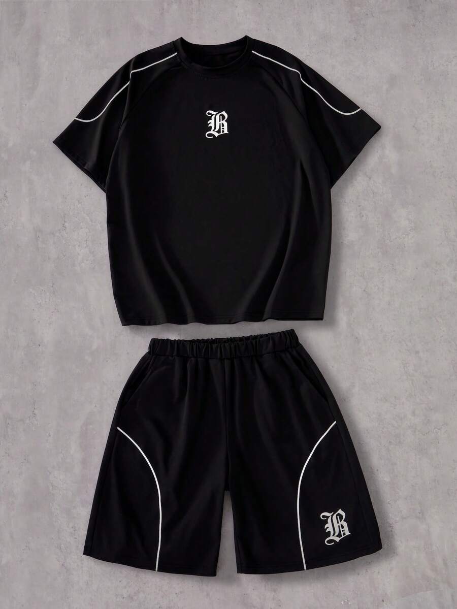 Teen Boys Street Style Casual Fashion Comfortable Short Sleeve T-Shirt And Shorts Set - Black - View 1