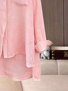 Franclia Plus Size Women's Solid Color Single-Breasted Casual Versatile Daily Outing Shirt Fall - Pink - View 3