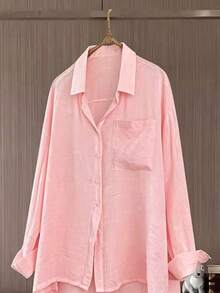 Franclia Plus Size Women's Solid Color Single-Breasted Casual Versatile Daily Outing Shirt Fall - Pink - View 4