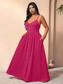Breezaya Plus Size Women's Solid Color Button Design Pocket Casual Strap Dress For Vacation - Hot Pink - View 5