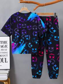 SHEIN 2pcs Kids Tween Boy Casual Vision Fluorescent Cartoon Pattern Round Neck Short Sleeve Shorts 2 Pieces Outfit Set, Suitable For Spring/Summer , Daily Wear, Sports, Outings, School, Parties, Festivals, Photoshoots - Multicolor - View 5