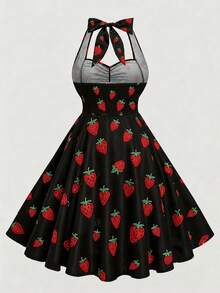 Sweetra Vestido de talla grande con cuello halter, cintura definida, corte A, estampado de fresas y diseño plisado - Multicolor - Ver 2