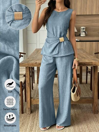 Elouméa Conjunto Feminino de Duas Peças com Top de Gola Redonda com Decoração de Metal e Calça, Casual Diário, Escritório, Negócios, Azul Acinzentado, Verão