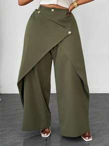 Maweii Plus Size Women's Solid Color Casual Versatile Daily Wide Leg Pants Fall - Army Green - View 3