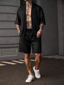 Genlund 男士日常成熟度假休閒外出必備風格豹紋紋理布料和服襯衫與短褲套裝，假期 - 黑色 - 查看 7