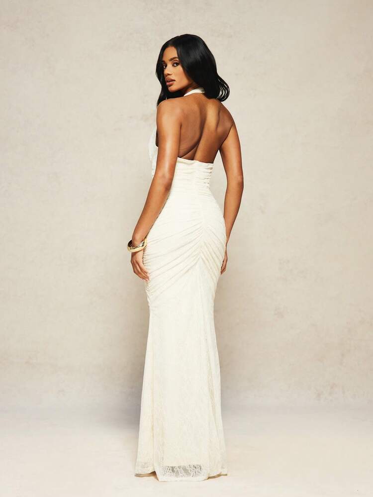 MISSGUIDED X Carli Bybel Cream Lace Insert Halter Neck Ruched Front Maxi Dress With Deep V-Neckline For Evening Wedding Guest Formal Occasions