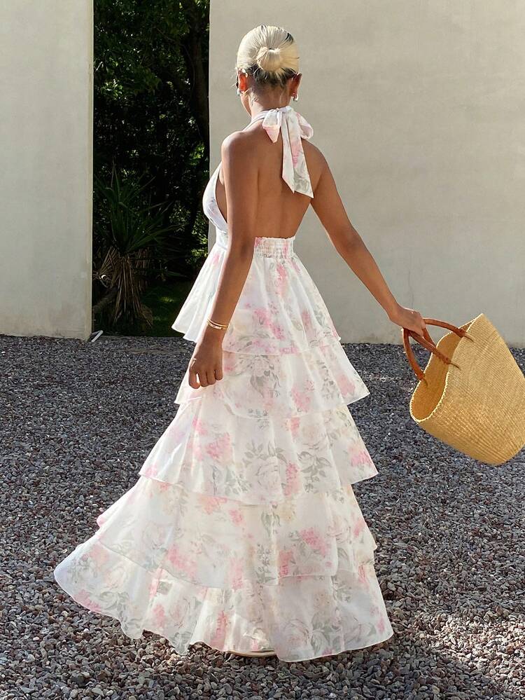 Women's Elegant Ditsy Floral Halter Neck Tie Back Open Back Ruffle Hem Vacation Beach Summer Maxi Dress