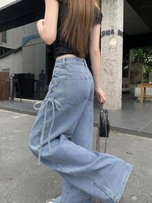 FRIFUL Women's Side Eyelet Lace-Up Wide Leg Loose Casual Denim Jeans School - Blue - View 1