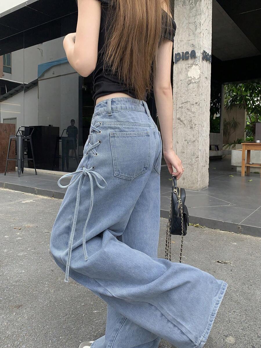 FRIFUL Women's Side Eyelet Lace-Up Wide Leg Loose Casual Denim Jeans School - Blue - View 1
