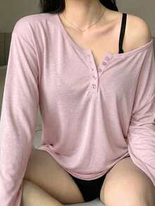 Dazy Plus Solid Color Large Scoop Neck Half-Open Placket Long Sleeve T-Shirt Spring/Summer - Baby Pink - View 1