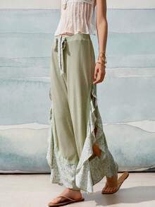 SoleilVie Women's Ditsy Floral Ruffle Hem Long Pants - Green - View 4