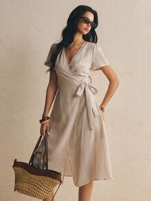 Poéselle Women's Striped Side Waist Tie Short Sleeve Casual Dress - Apricot - View 7