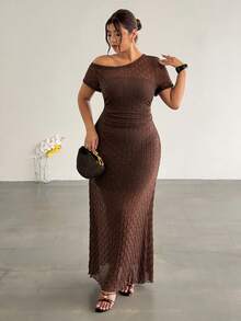Firerie Plus Size Summer Elegant Solid Color Asymmetric Neckline Dress - Coffee Brown - View 3